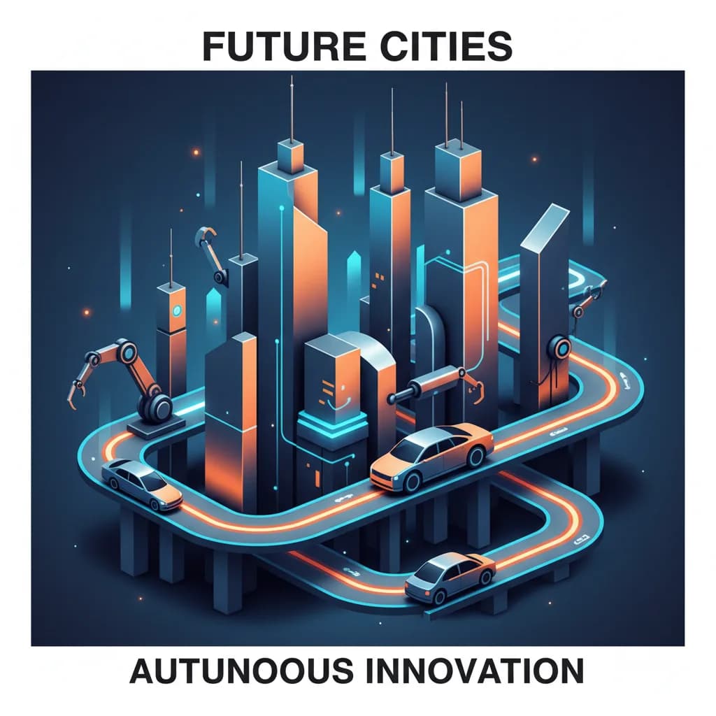 Ilustración abstracta de ciudades conectadas con líneas fluidas que representan servicios de robotaxis autónomos