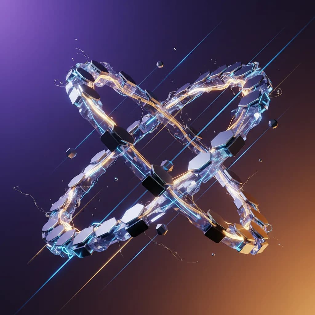 Ilustración abstracta de computación orbital con anillos geométricos y conexiones de datos en el espacio