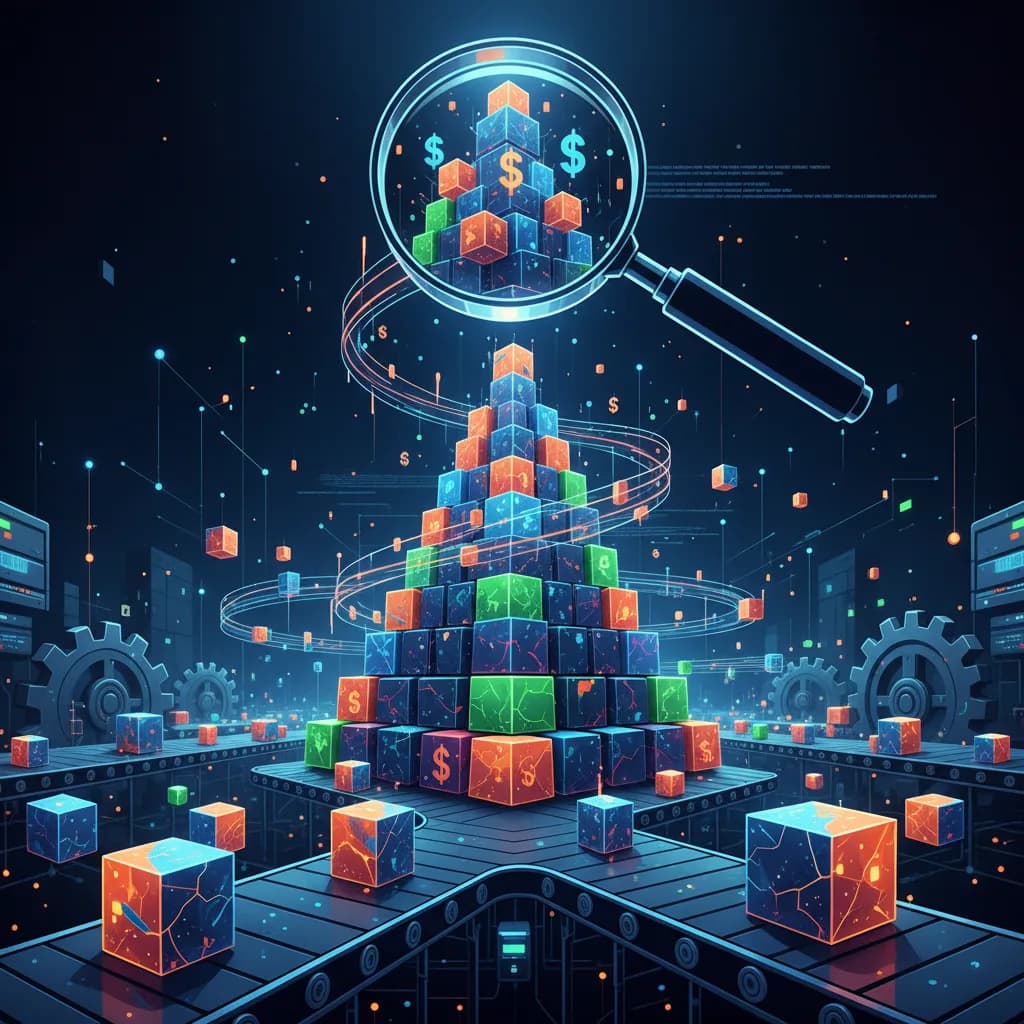 Ilustración abstracta de línea de ensamblaje digital produciendo bloques de código con signos de dólar, representando costos ocultos de IA