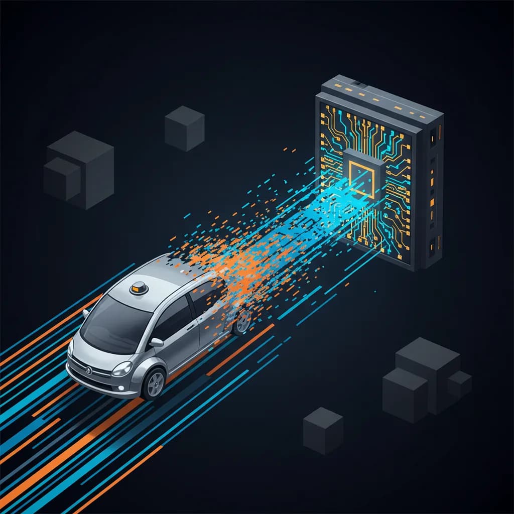 Ilustración editorial abstracta mostrando transformación digital de Uber hacia chips de IA de Amazon