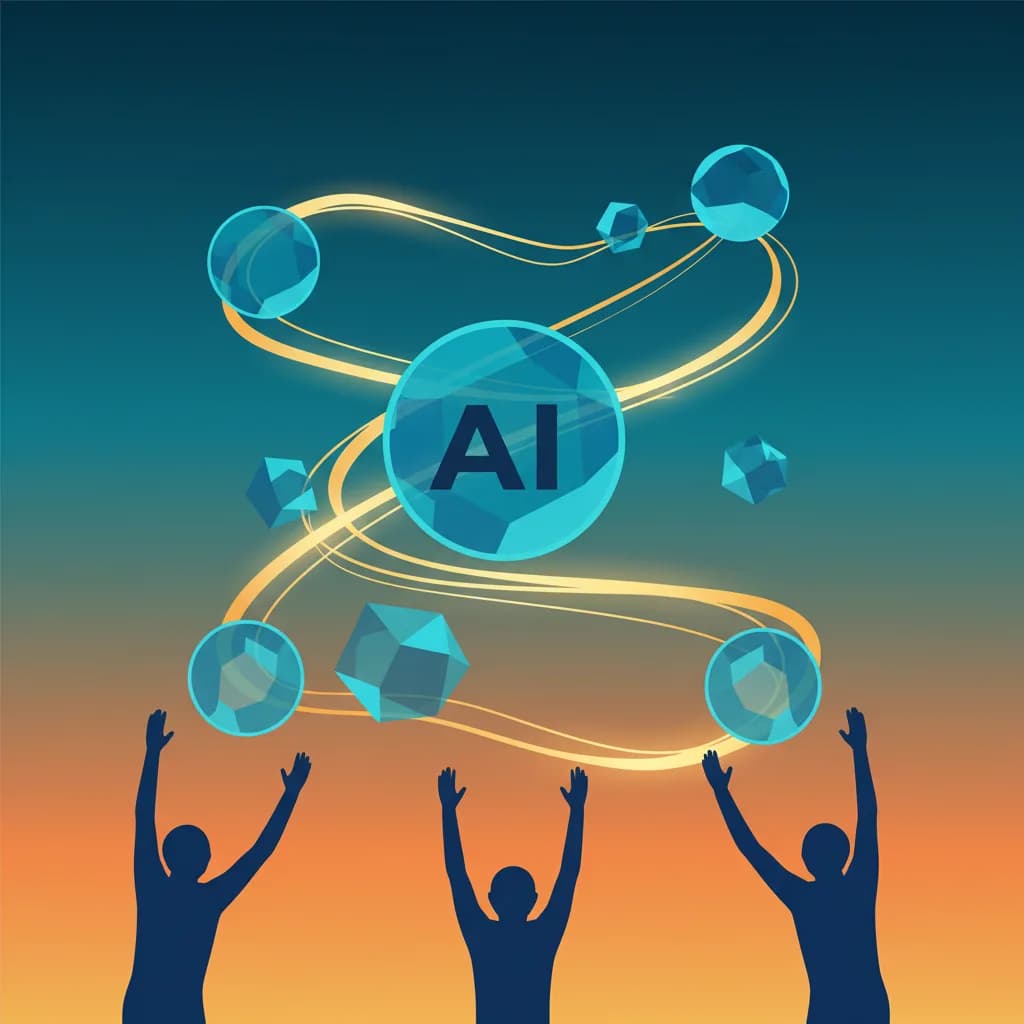 Ilustración abstracta de IA y impacto social con formas geométricas conectadas y figuras humanas