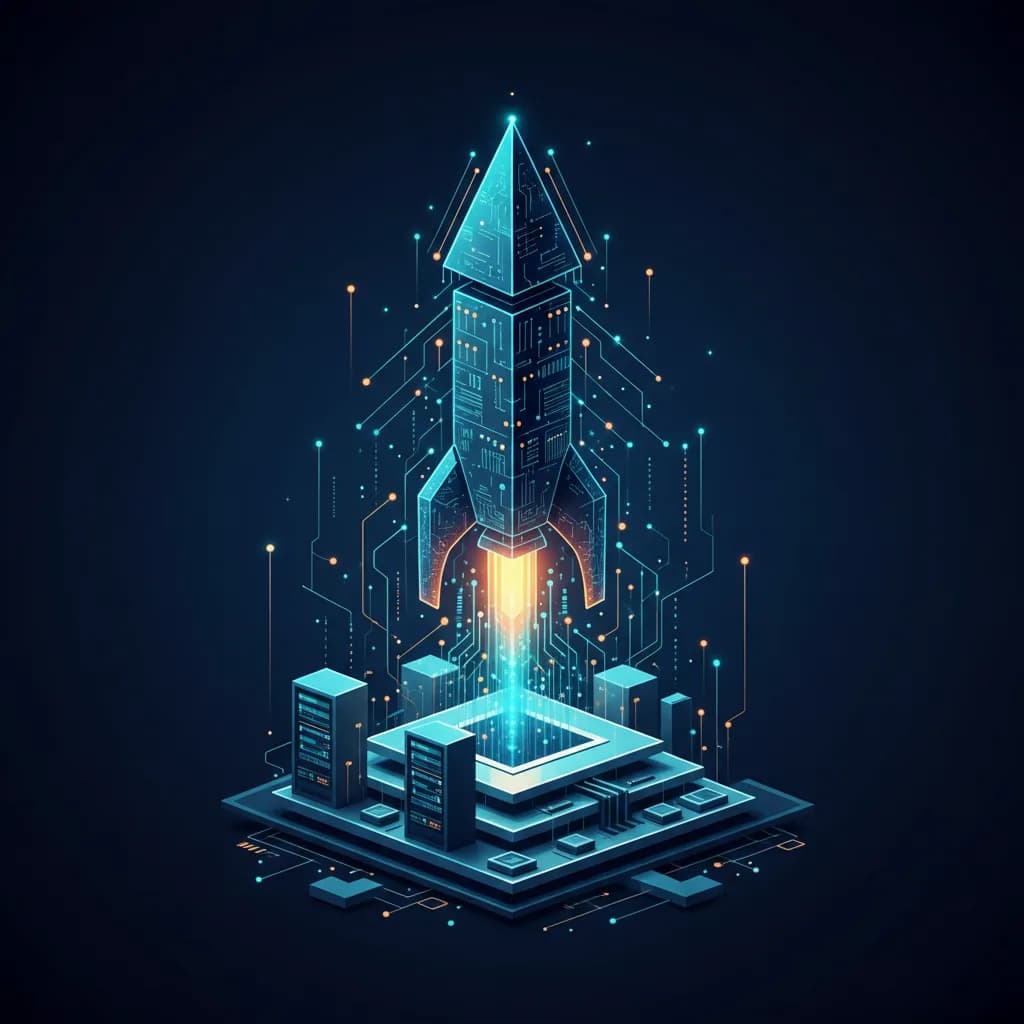 Ilustración abstracta de crecimiento tecnológico con formas geométricas ascendentes y conexiones digitales brillantes