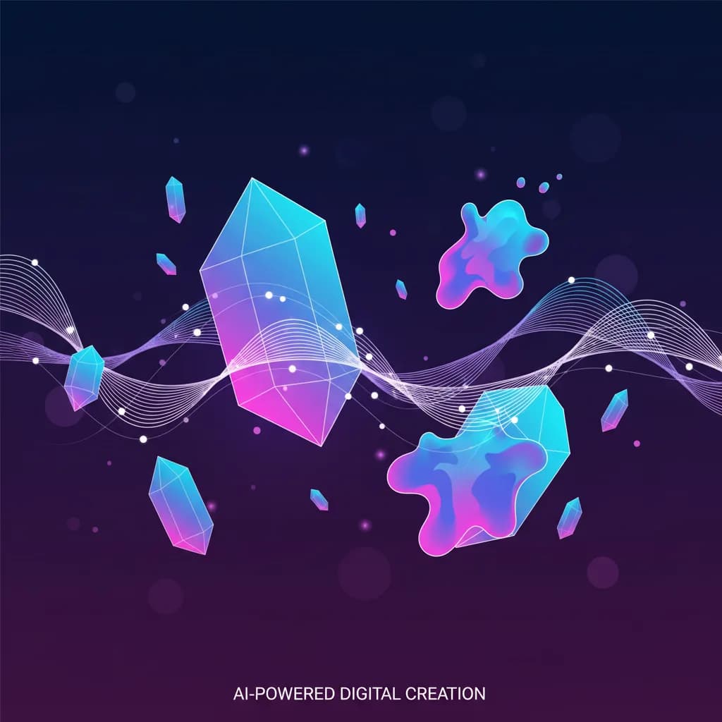 Ilustración abstracta de estructuras geométricas conectadas por redes neurales en colores vibrantes azul y magenta