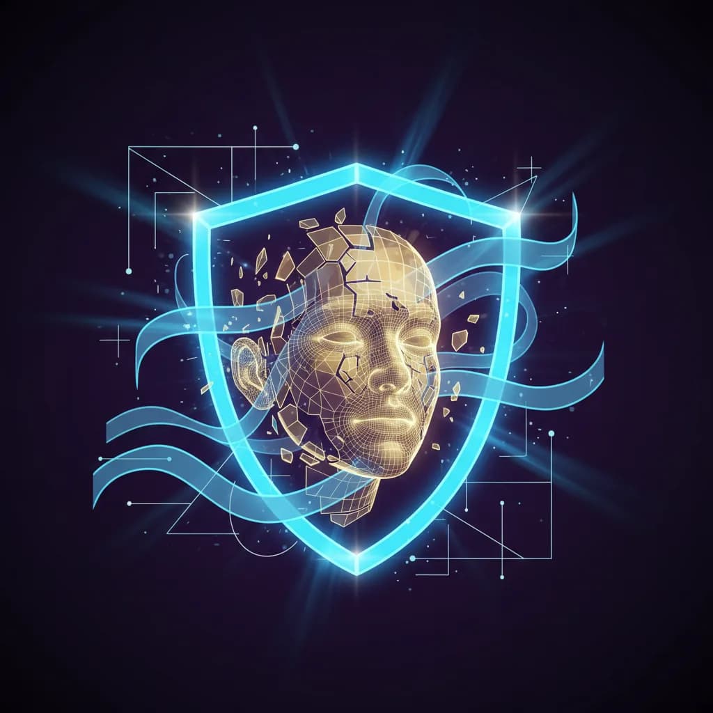 Ilustración editorial de escudo digital protegiendo identidad holográfica con patrones de redes neuronales