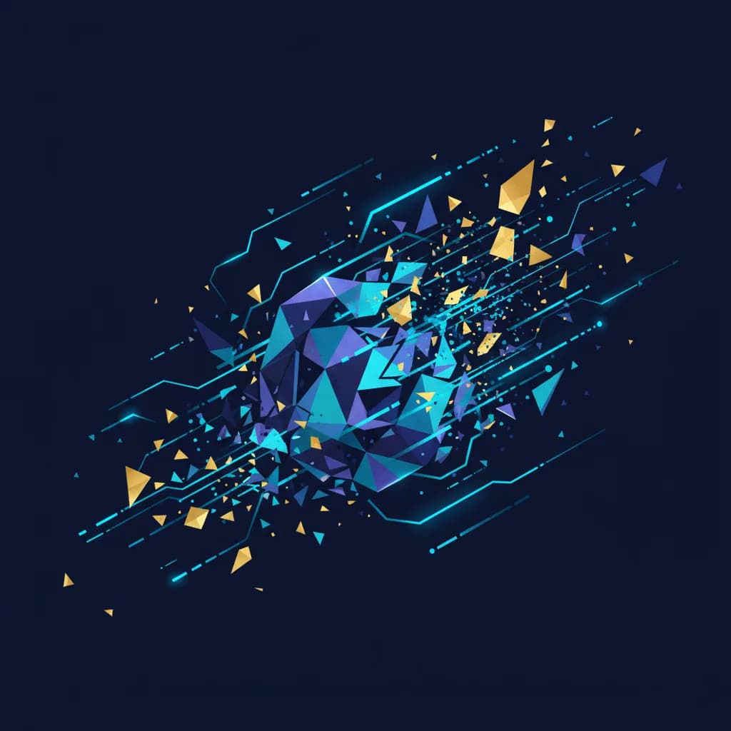 Ilustración abstracta de fragmentos dorados y partículas digitales azules representando la disolución de una startup