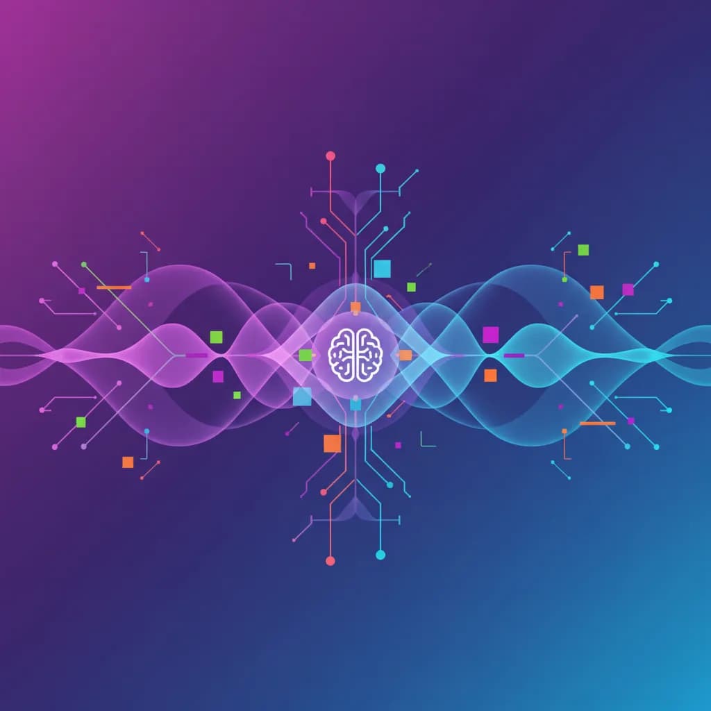 Ilustración abstracta de ondas sonoras transformándose en patrones visuales digitales, representando tecnología inclusiva