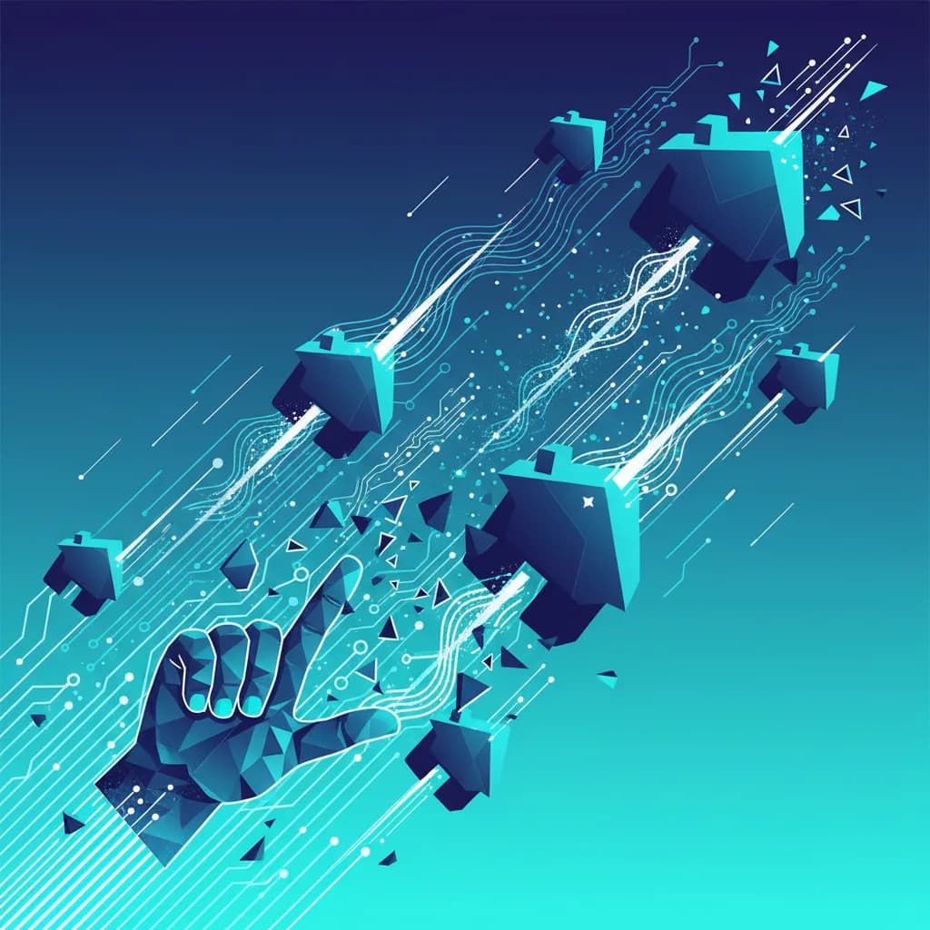 Ilustración abstracta de IA doméstica con formas geométricas y patrones digitales en azul y cian brillante