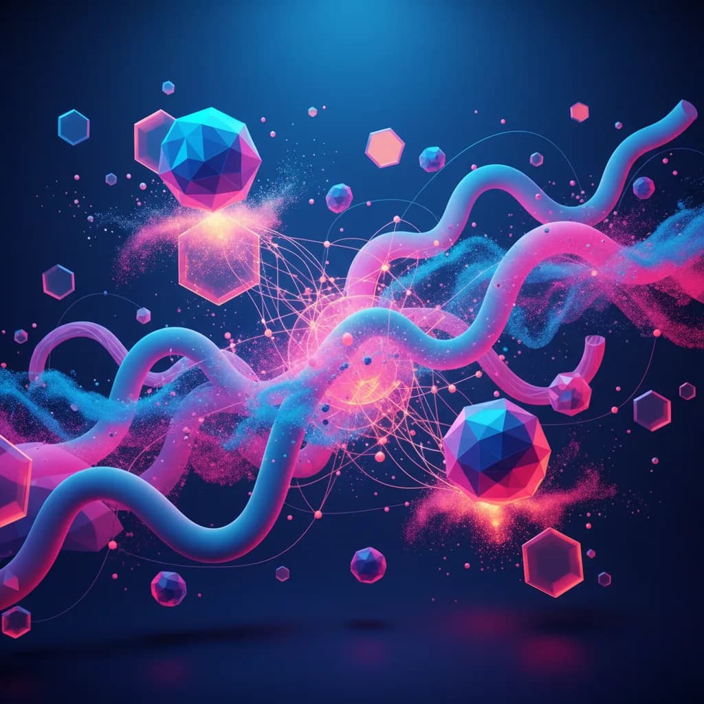 Ilustración abstracta de agentes de IA interconectados con formas geométricas y flujos de datos vibrantes