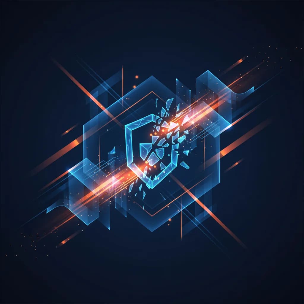 Ilustración abstracta de IA detectando fraude con redes geométricas y escudo cristalino en azul y naranja