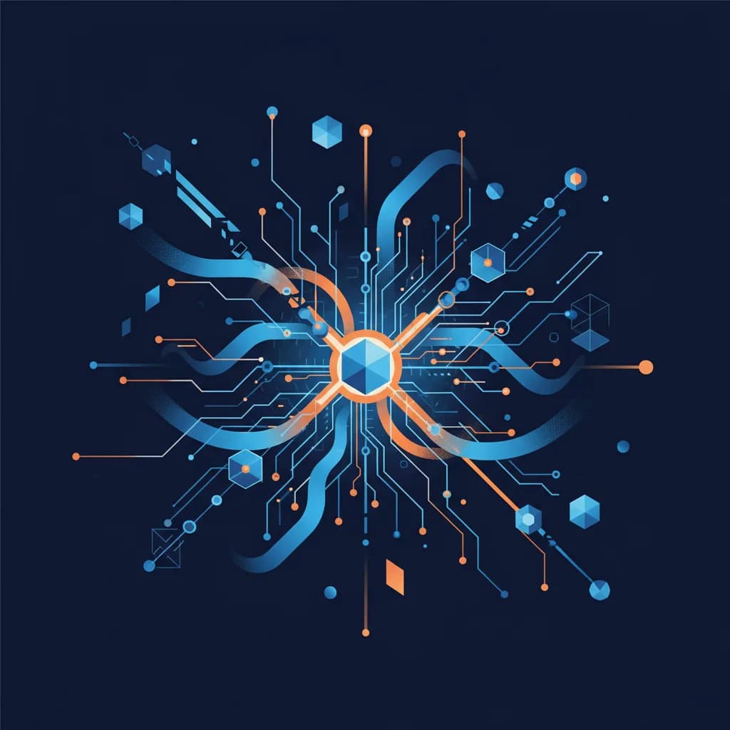 Ilustración abstracta de red tecnológica con nodos conectados y flujos de datos en azul y naranja vibrantes