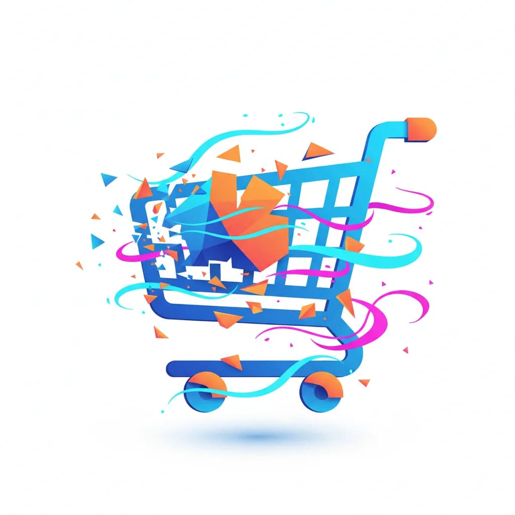 Ilustración abstracta de carrito de compras digital transformándose con partículas de datos en colores vibrantes