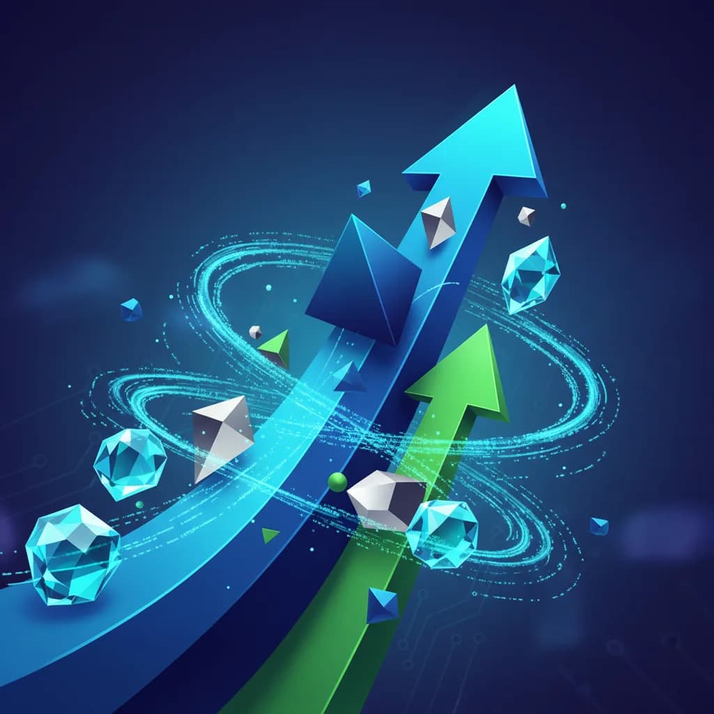 Ilustración abstracta de transformación digital con formas geométricas ascendentes y redes de IA en azules y verdes