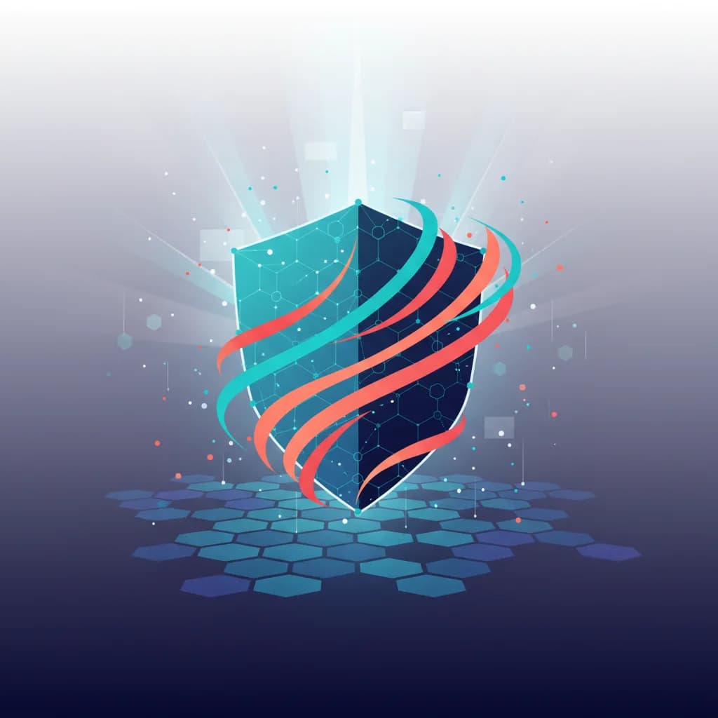 Ilustración abstracta de escudo tecnológico con nodos digitales representando protección mediante inteligencia artificial