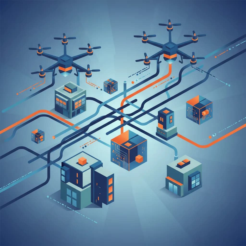 Ilustración editorial de drones de reparto de Amazon conectados por rutas aéreas abstractas sobre centros logísticos