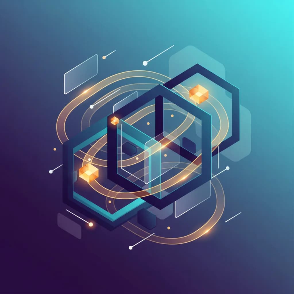 Ilustración abstracta de formas geométricas interconectadas representando transformación digital con IA en finanzas