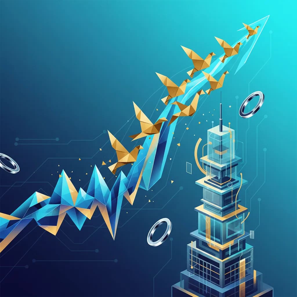 Ilustración abstracta de ondas sonoras transformándose en formas geométricas que ascienden entre torres corporativas