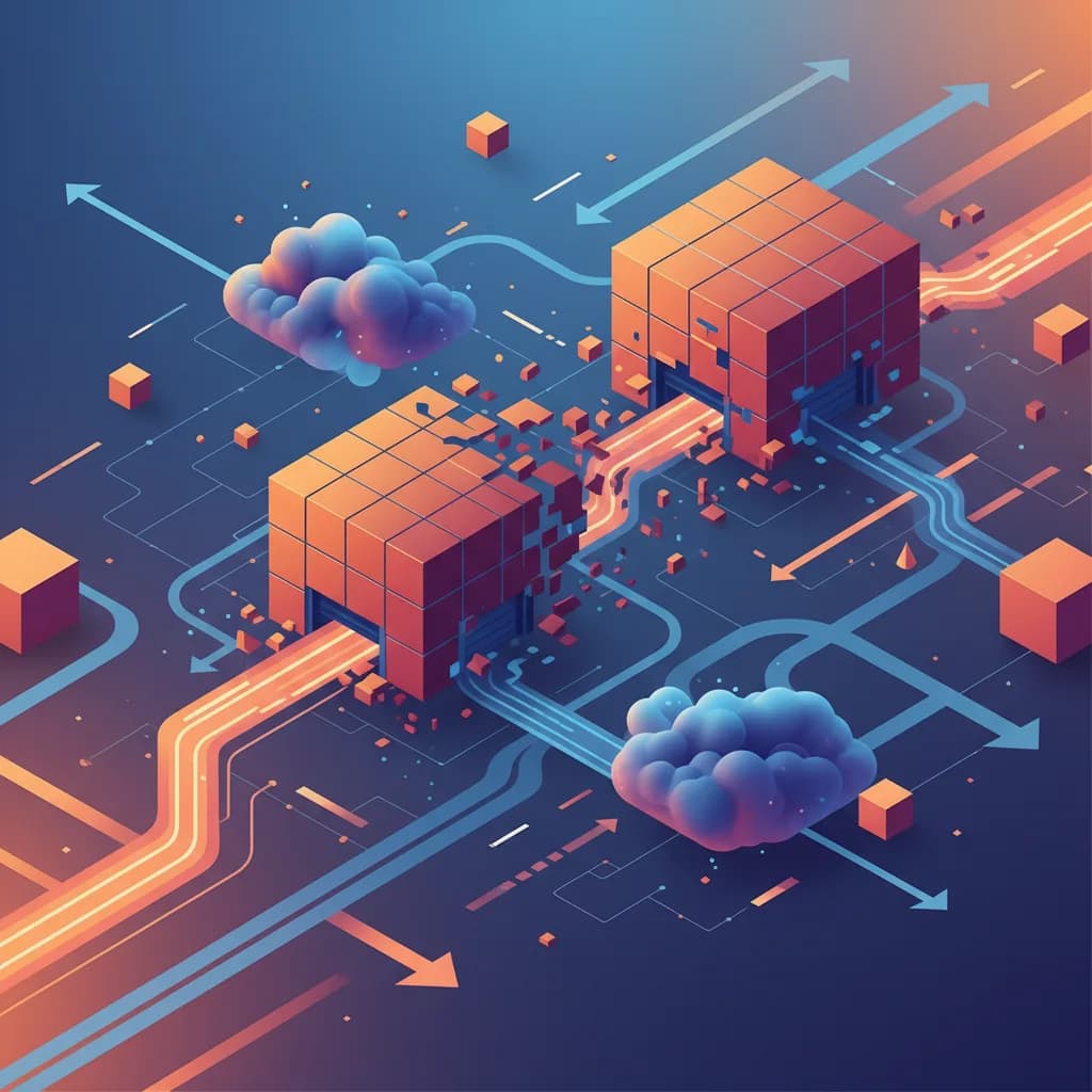 Ilustración abstracta de transformación logística digital con redes interconectadas en tonos naranjas y azules