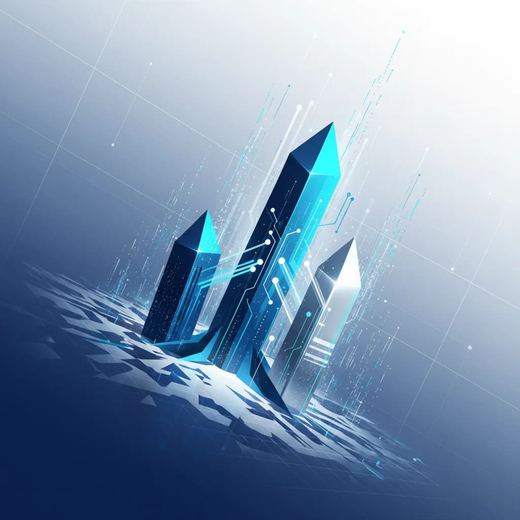 Ilustración editorial abstracta sobre innovación tecnológica en defensa con formas geométricas interconectadas