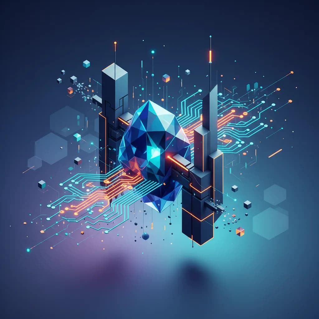 Ilustración abstracta de formas geométricas interconectadas representando colaboración corporativa en IA