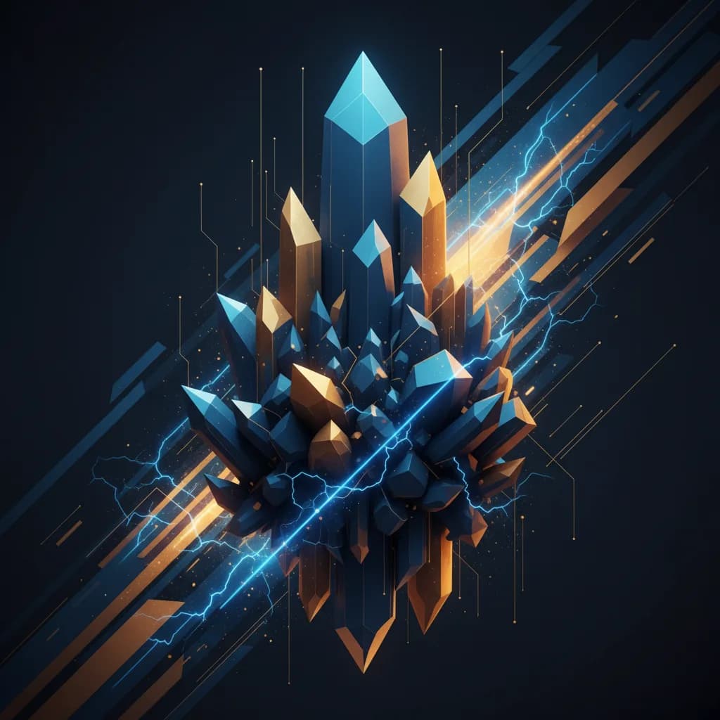 Ilustración abstracta de infraestructura AI con formas cristalinas y flujos de energía en azul eléctrico y dorado