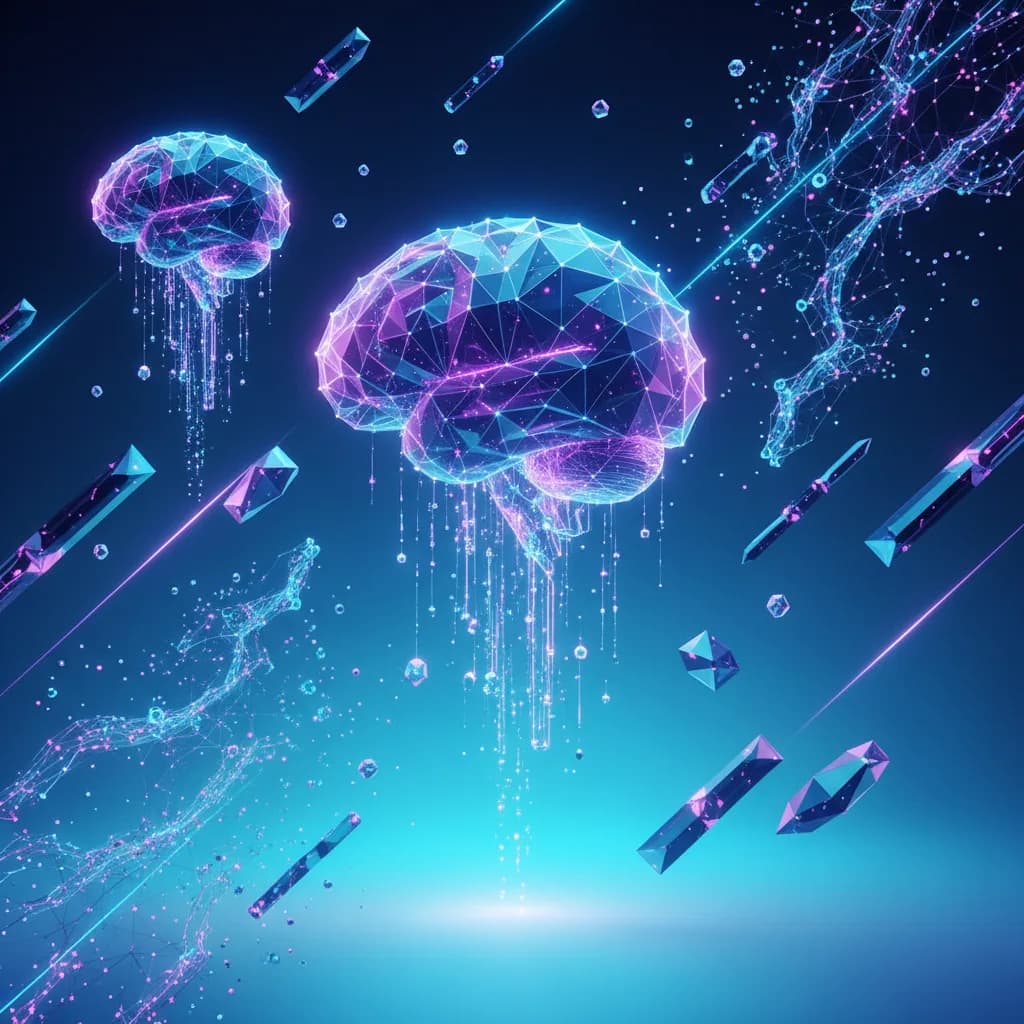 Ilustración conceptual de IA autónoma con redes neuronales y flujos de datos representando aprendizaje automático