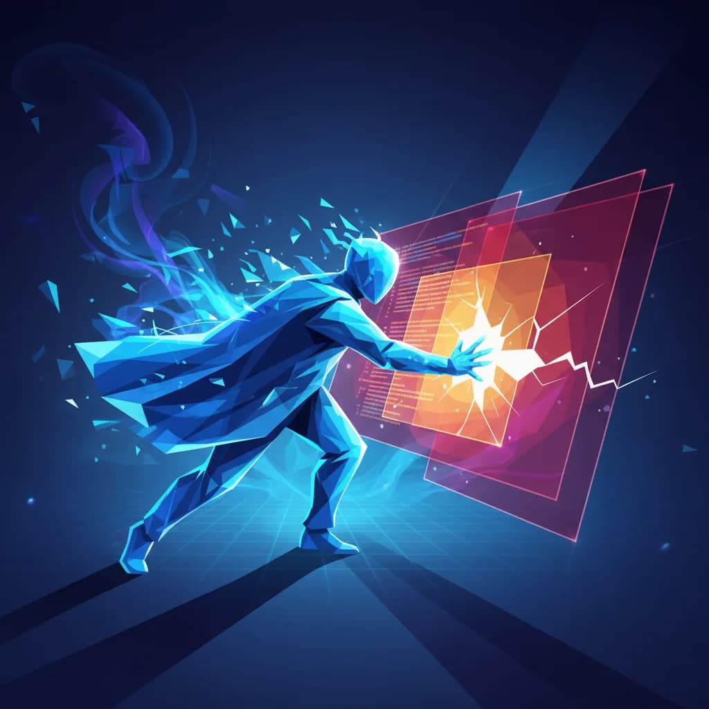 Ilustración editorial abstracta sobre IA detectando vulnerabilidades en código con formas geométricas azules y doradas