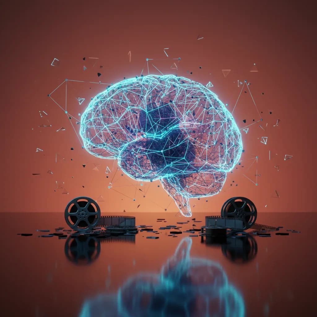 Ilustración abstracta de cerebro de IA holográfico con redes neuronales sobre carretes de película
