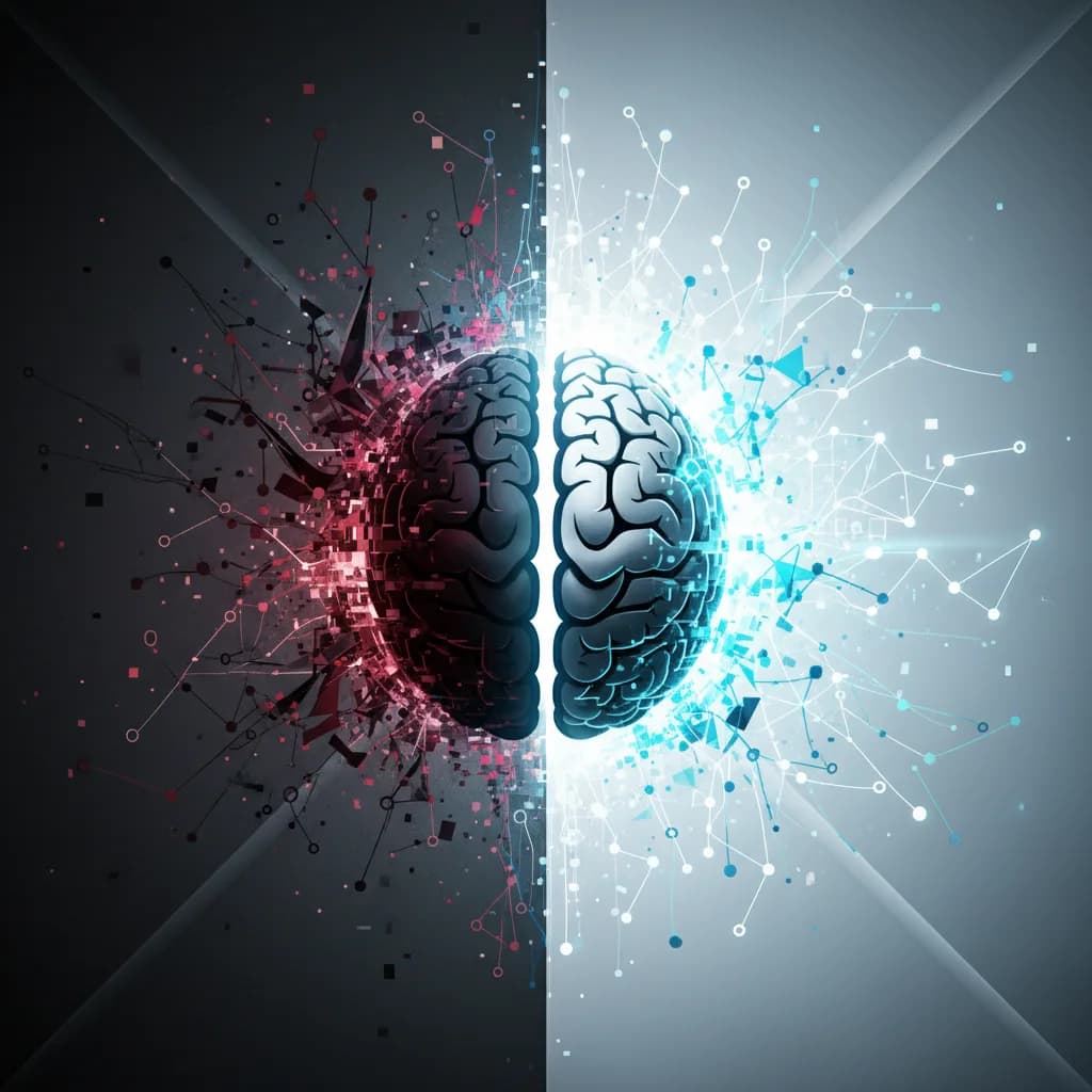 Ilustración conceptual de IA dividida entre sombra y luz, representando influencias mediáticas en modelos de inteligencia artificial