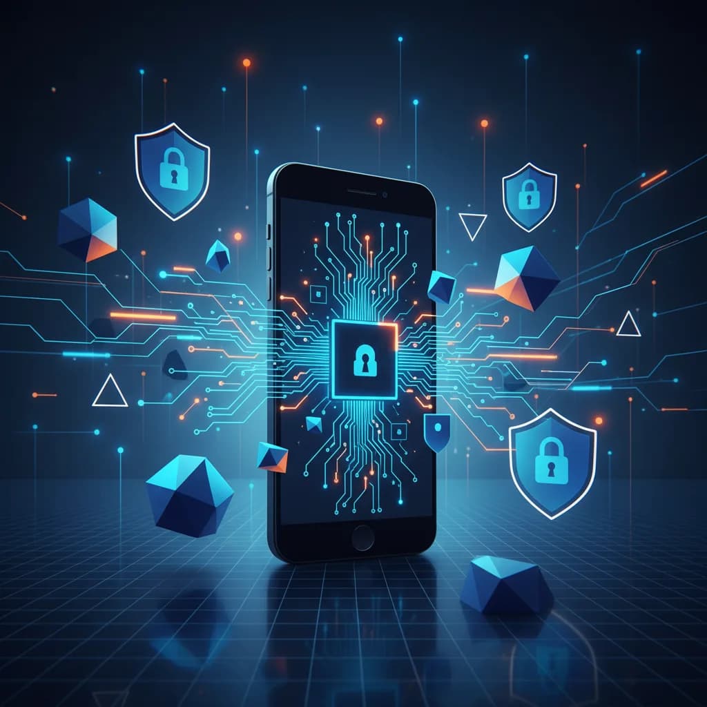 Ilustración abstracta de seguridad móvil con smartphone y elementos geométricos en tonos azul y naranja