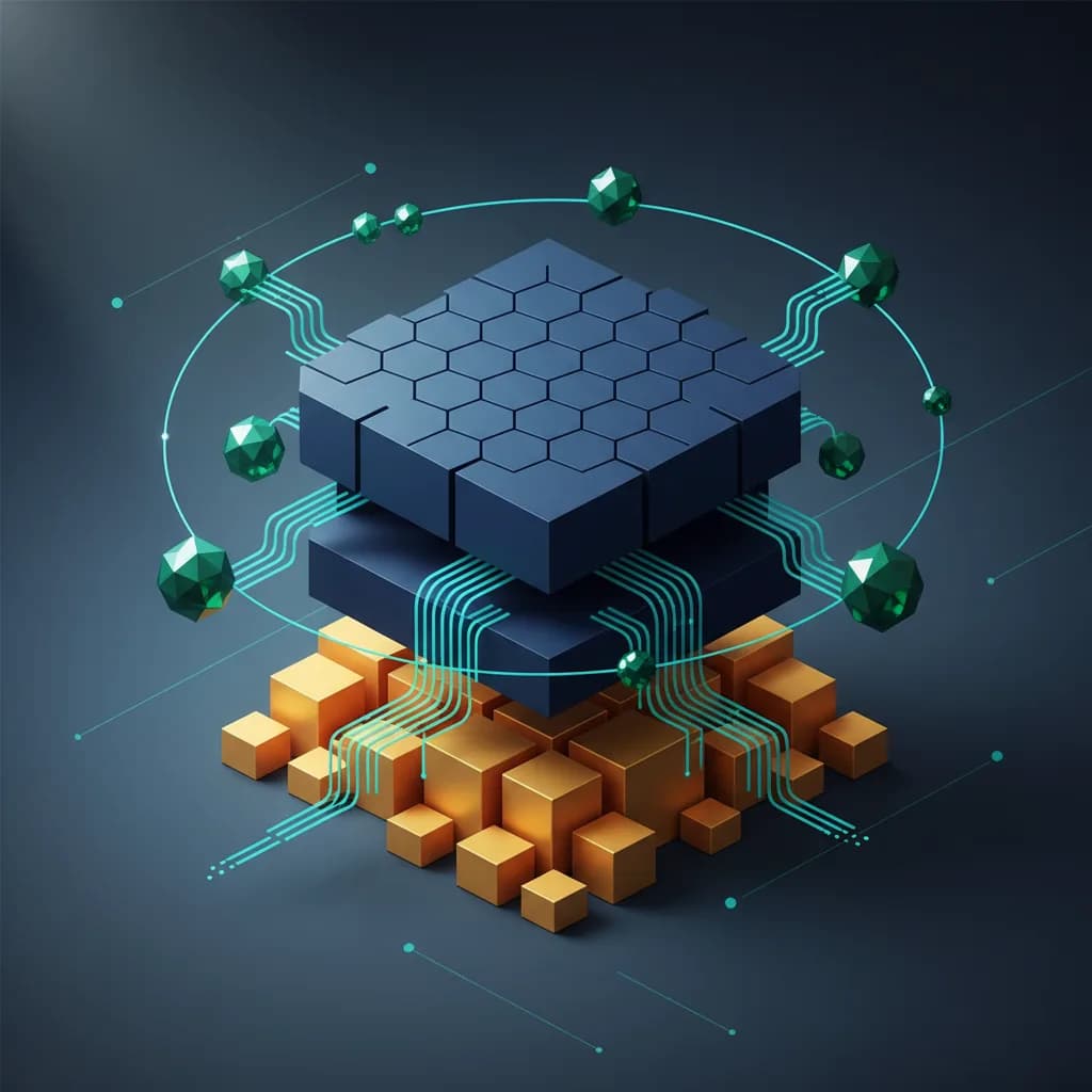 Ilustración abstracta de transformación digital B2B con formas geométricas interconectadas y automatización IA