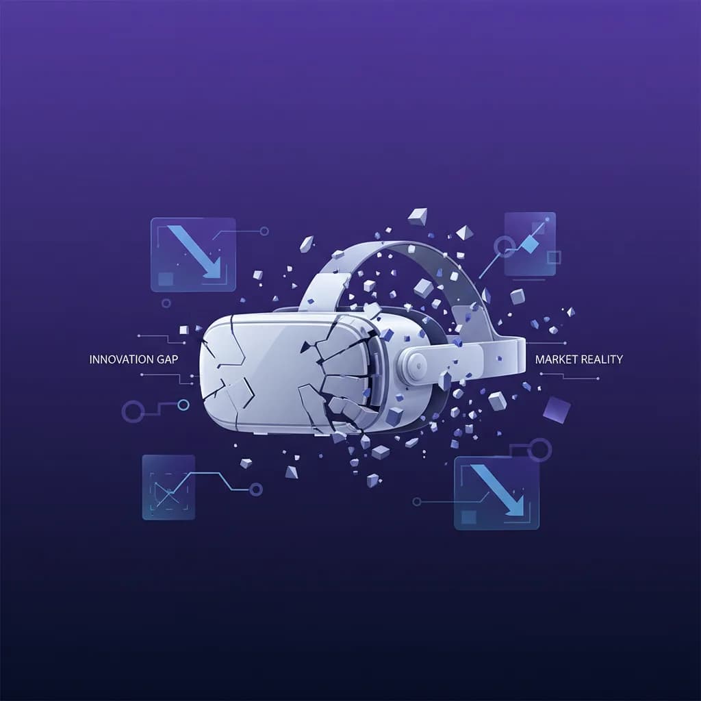 Ilustración abstracta de Apple Vision Pro fragmentándose, representando el fracaso comercial del producto