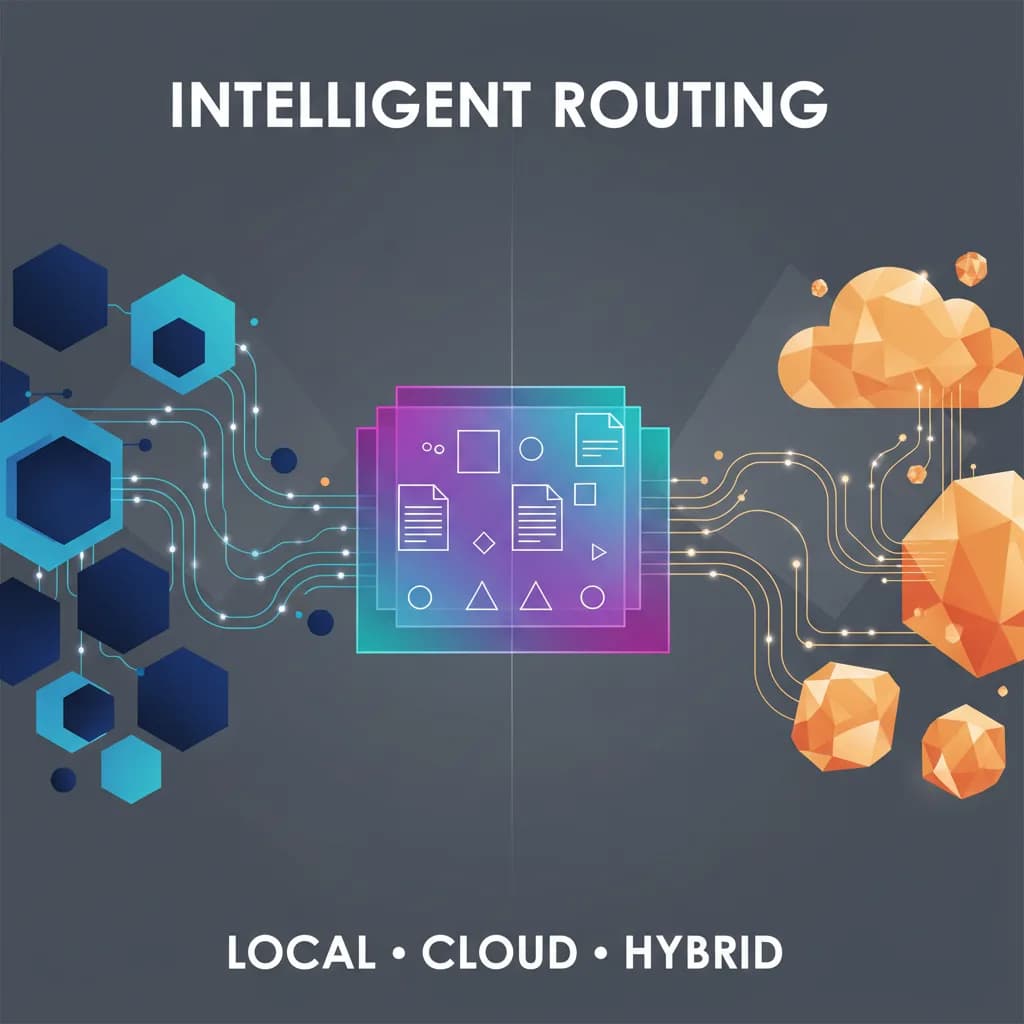 Ilustración conceptual de arquitectura AI híbrida con procesamiento local y en la nube para optimización de costos