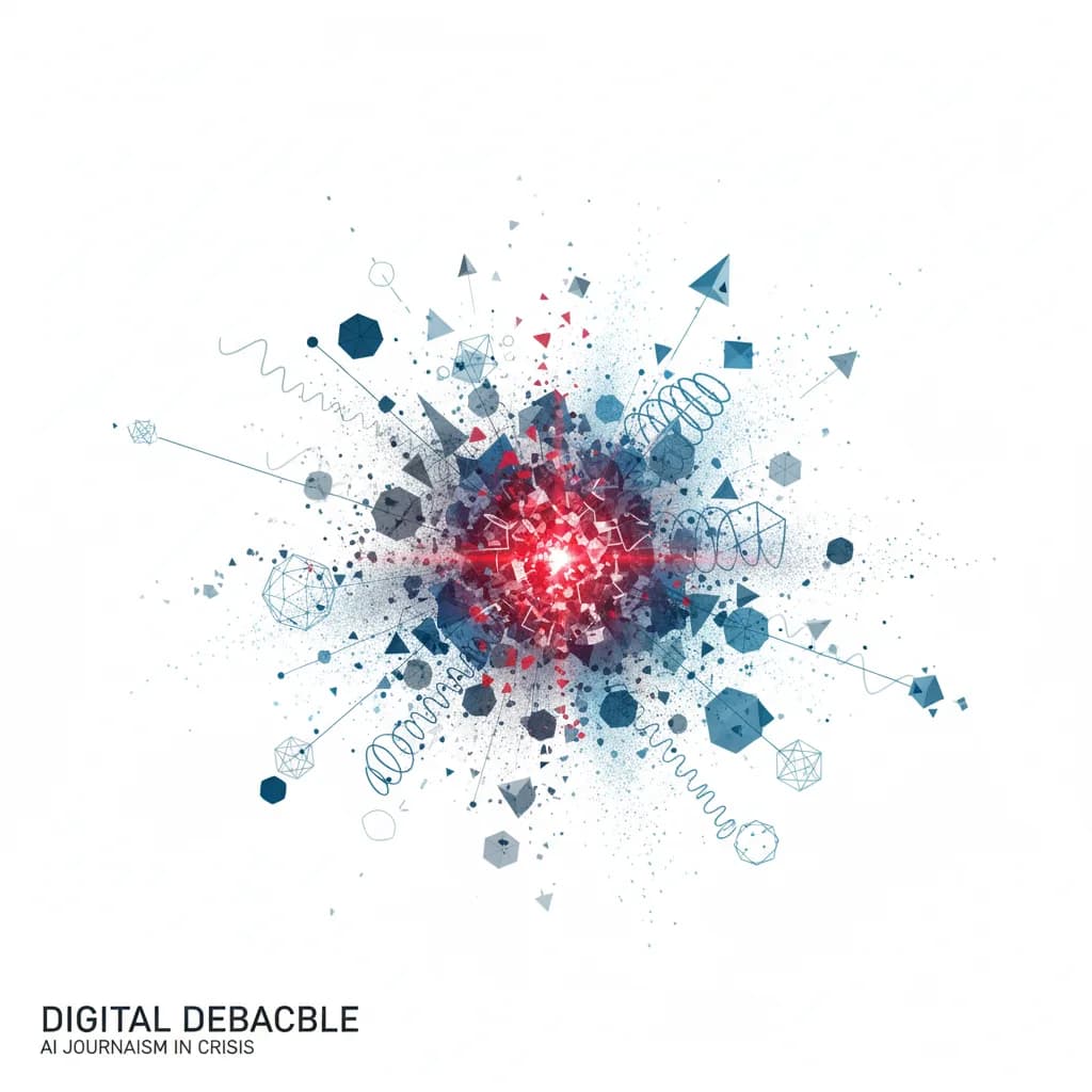 Ilustración editorial abstracta mostrando red digital fragmentada que representa crisis de confianza en IA