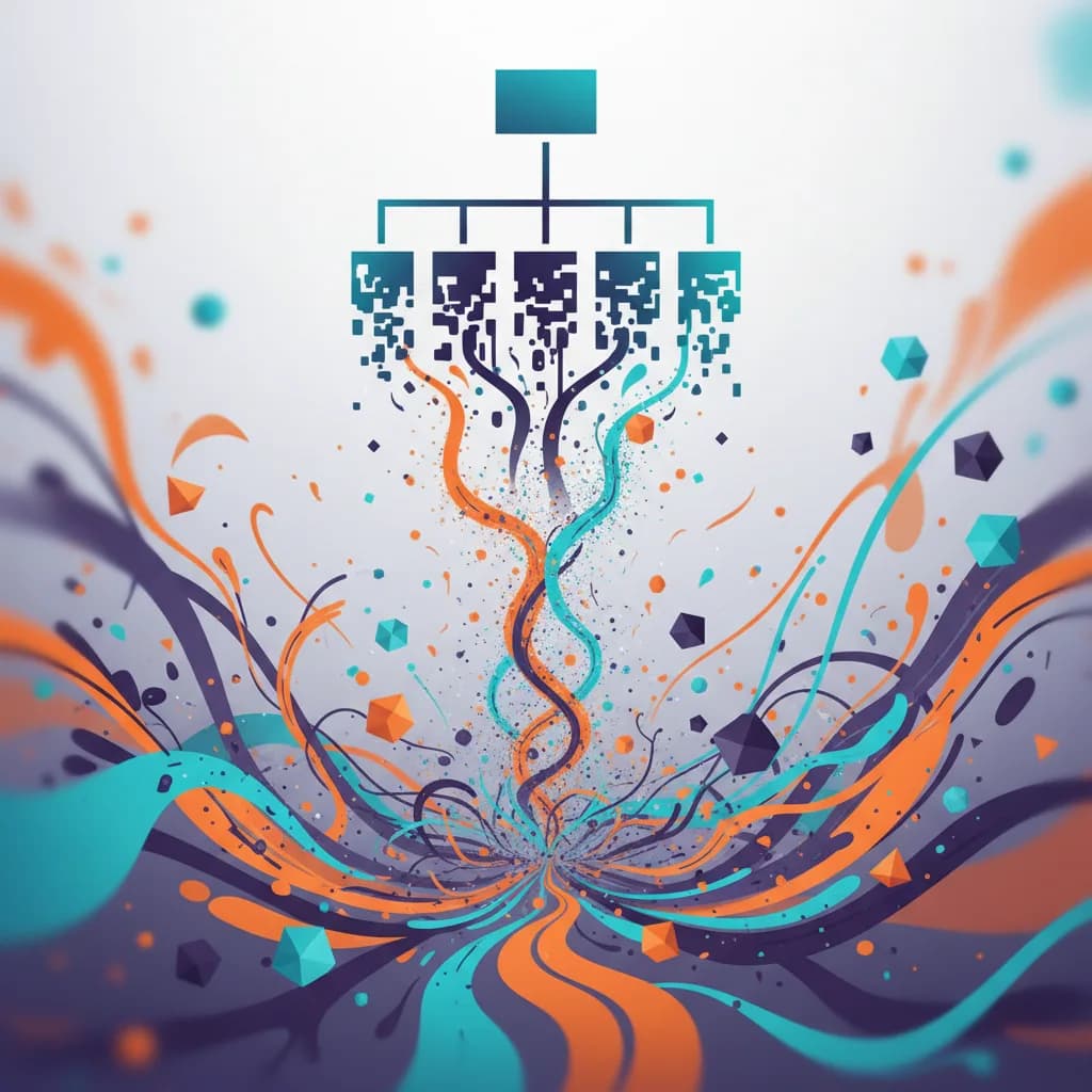 Ilustración abstracta mostrando transformación digital de estructuras organizacionales tradicionales