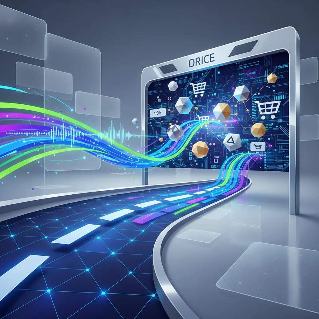 Ilustración conceptual de IA transformando experiencia drive-through con ondas sonoras y redes neuronales digitales