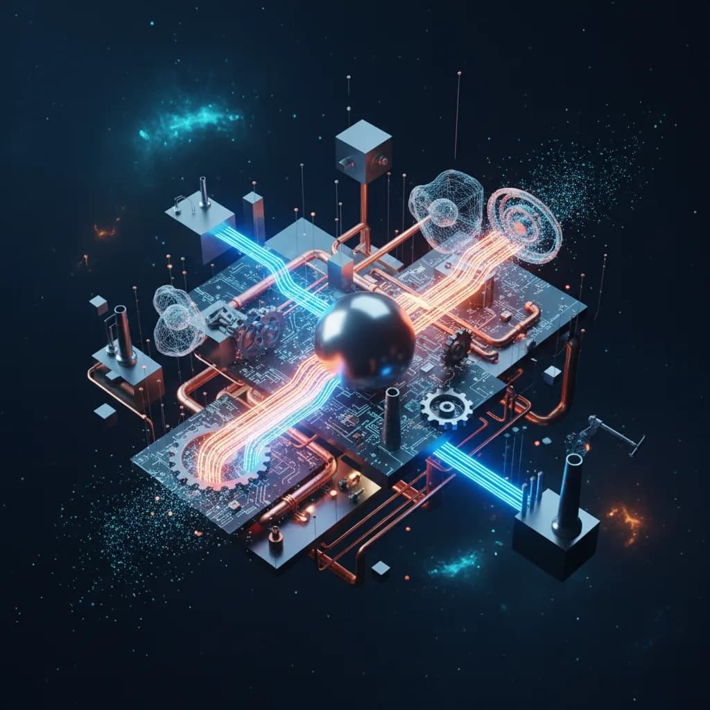 Ilustración abstracta de IA industrial con estructuras geométricas conectadas y flujos de datos digitales