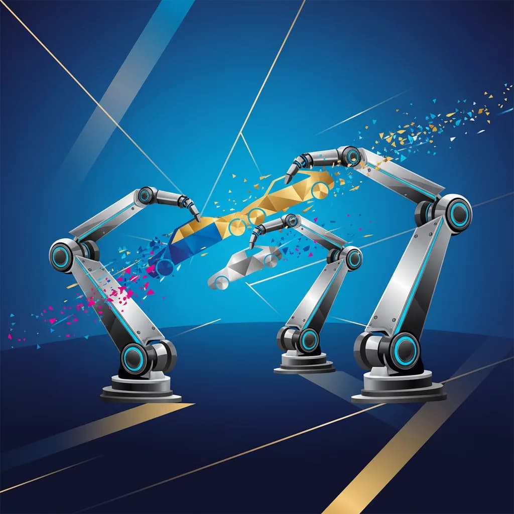 Ilustración editorial de brazos robóticos ensamblando formas geométricas de automóviles con partículas digitales