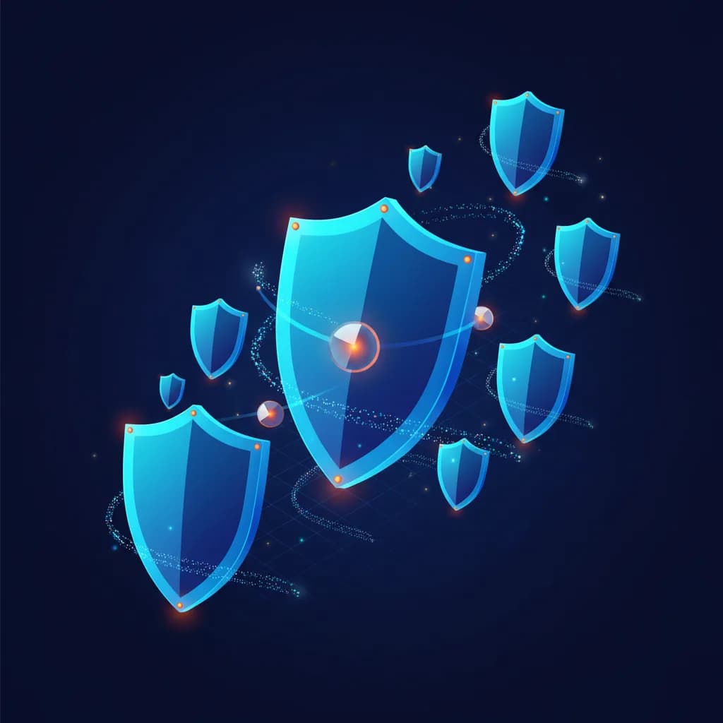 Ilustración abstracta de escudos geométricos interconectados con flujos de datos luminosos sobre fondo tecnológico