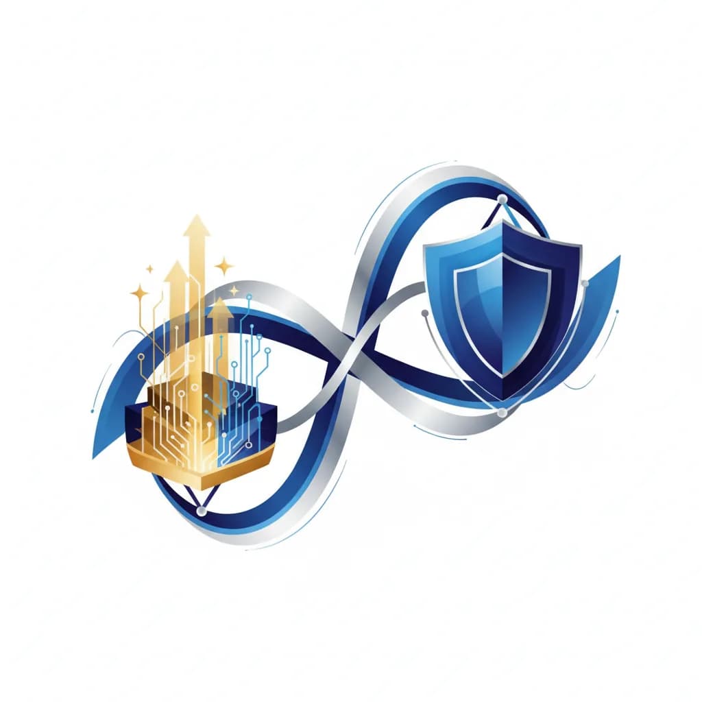 Ilustración abstracta de balanza digital mostrando equilibrio entre innovación y gestión de riesgos empresariales