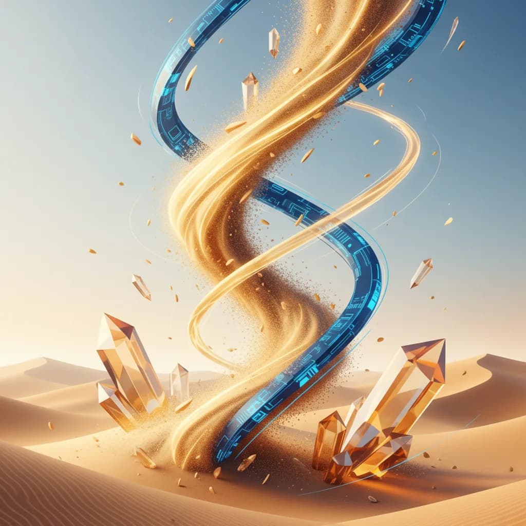 Ilustración abstracta de arena transformándose en ondas de energía para artículo sobre baterías de arena