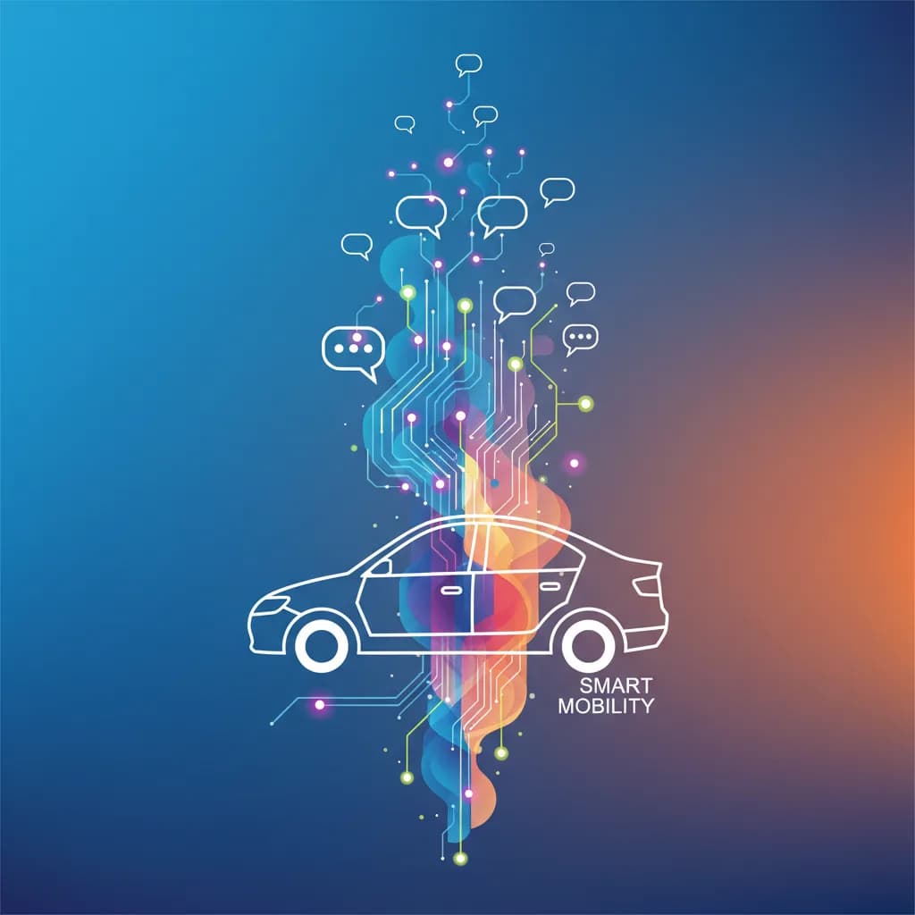 Ilustración abstracta de transformación digital en transporte con formas geométricas y redes neuronales