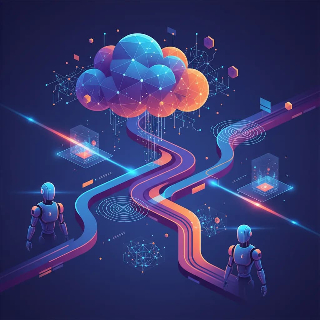 Ilustración abstracta mostrando la transformación de simulación digital a robótica física con colores vibrantes