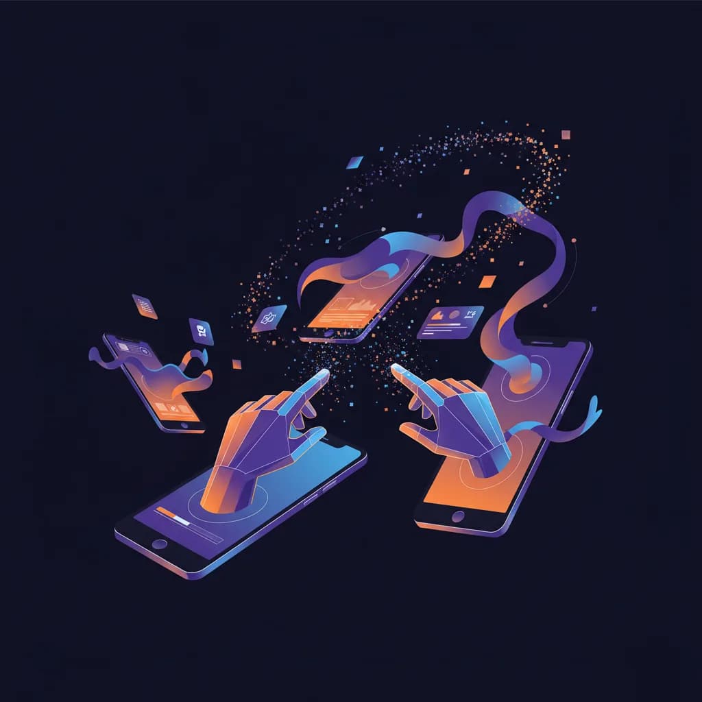 Ilustración abstracta de transformación digital con smartphones y gestos táctiles evolucionando hacia nuevas interfaces