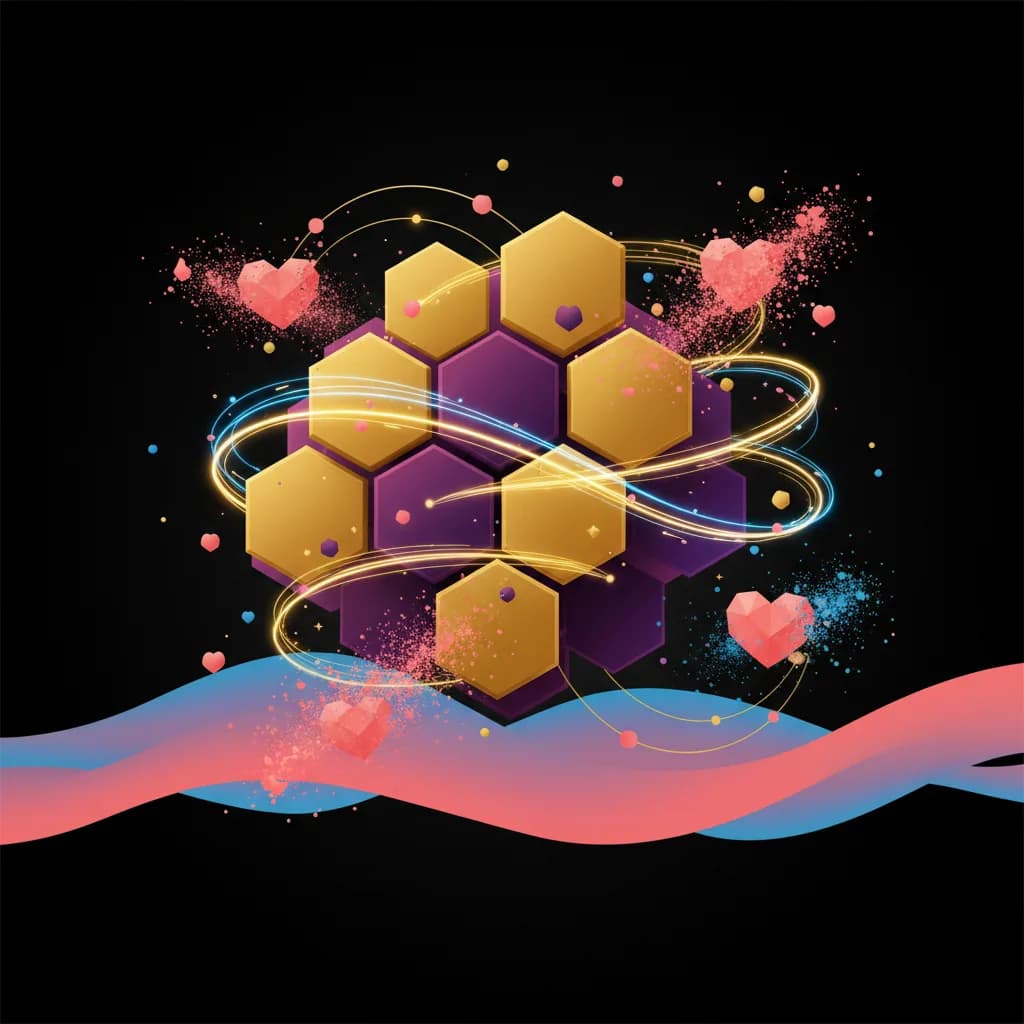 Ilustración editorial abstracta con hexágonos dorados y flujos de datos digitales representando innovación en IA