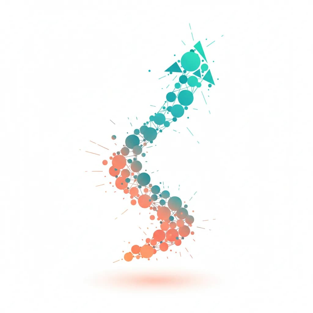 Ilustración abstracta de crecimiento orgánico de usuarios con nodos geométricos en espiral ascendente