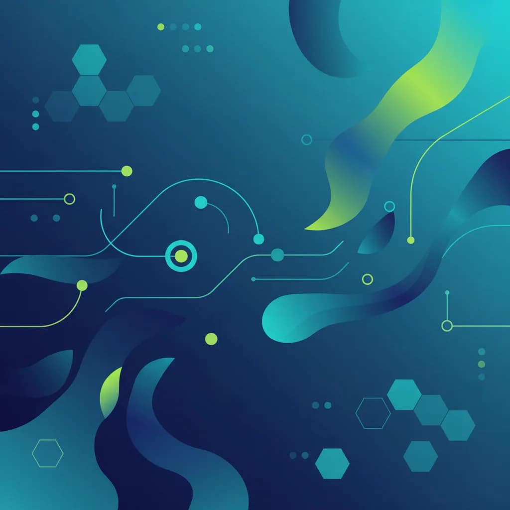 Ilustración abstracta de inteligencia artificial en banca digital con formas geométricas azules y verdes