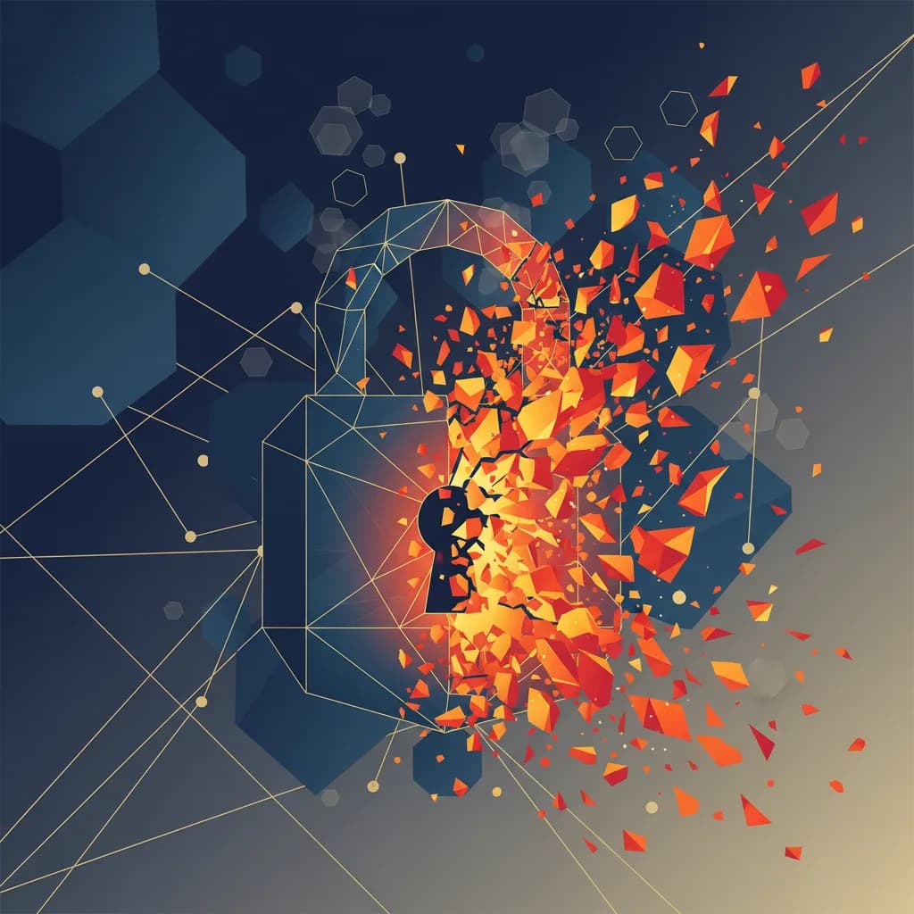 Ilustración abstracta de brecha de seguridad digital con formas geométricas fracturadas y partículas luminosas