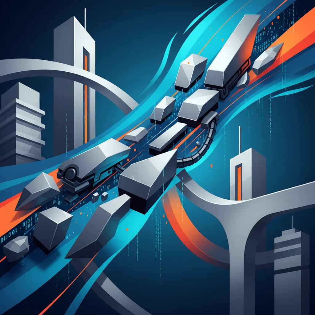 Ilustración conceptual de formas robóticas geométricas emergiendo de flujos de datos digitales en colores cian y naranja