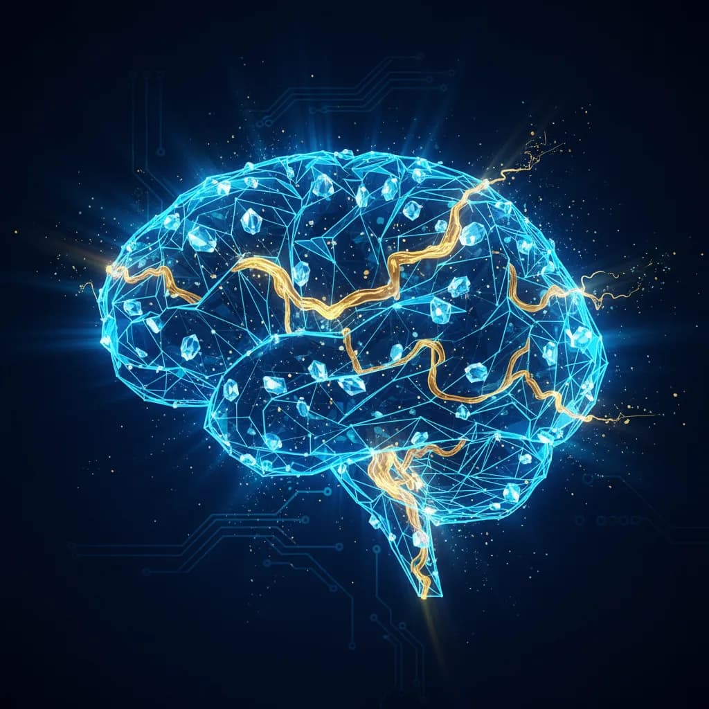 Ilustración abstracta de una red neuronal digital con flujos de memoria dorados, representando la IA y aprendizaje
