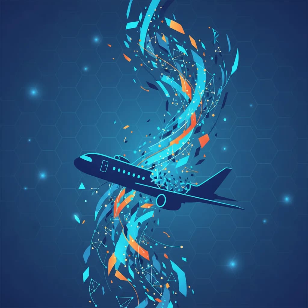 Ilustración conceptual de avión transformándose en redes neuronales de IA para artículo sobre Claude pilotando simulador